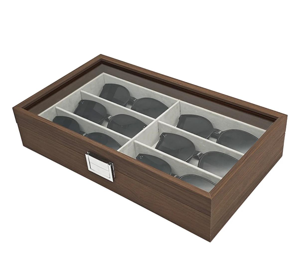 Sonnenbrillenbox aus Holz mit 6 Fächern und Sichtfenster