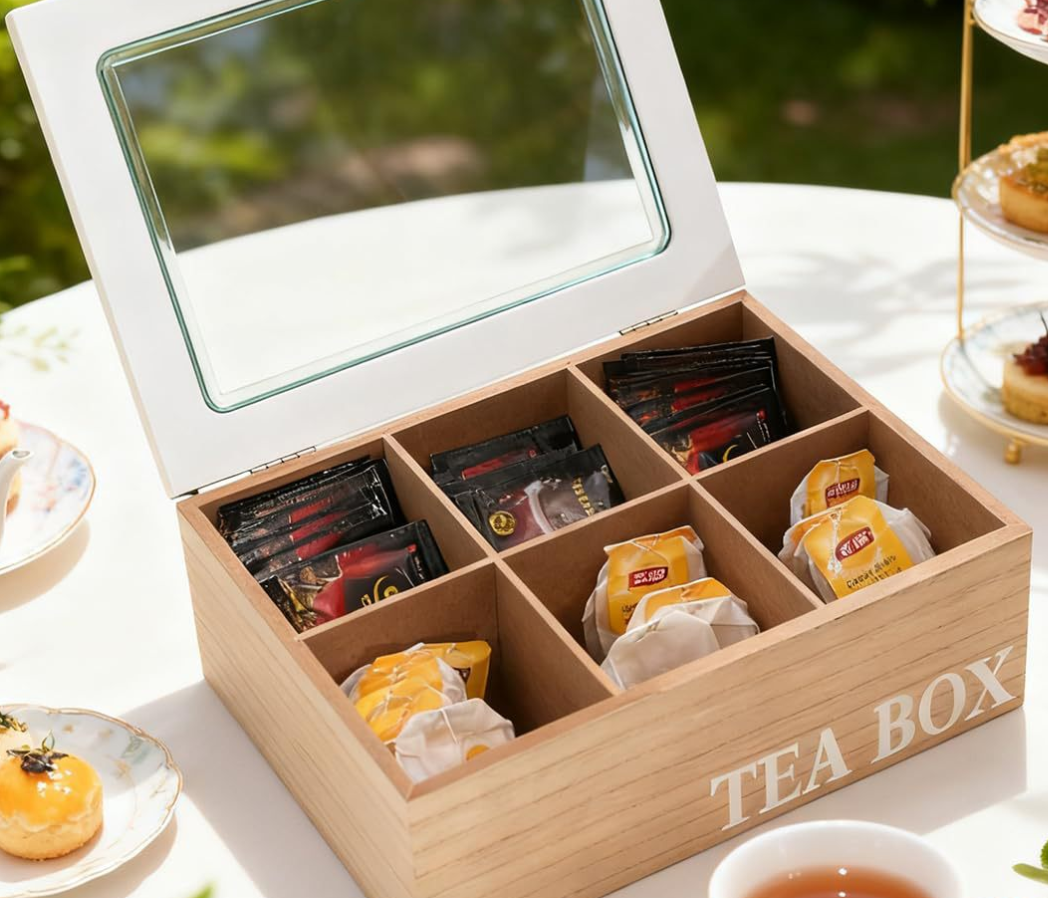 6-Compartment Oak Tea Box with Glass Window Lid