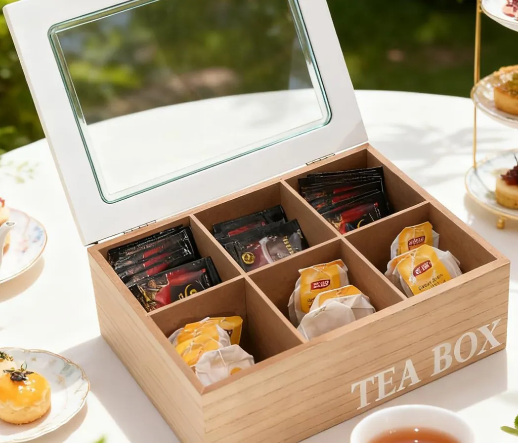 6-Compartment Oak Tea Box with Glass Window Lid