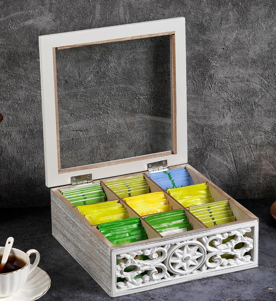 Whitewashed Tea Box with Decorative Cutouts