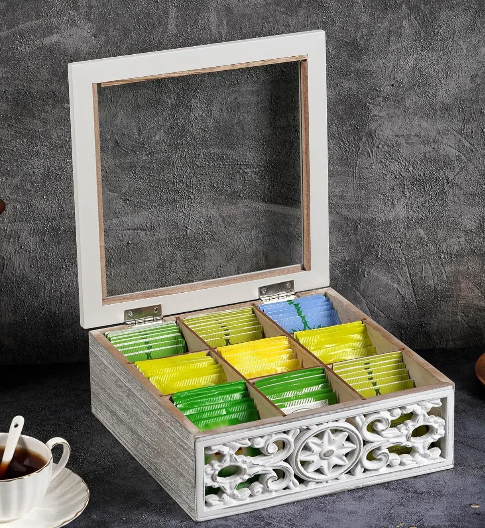 Whitewashed Tea Box with Decorative Cutouts