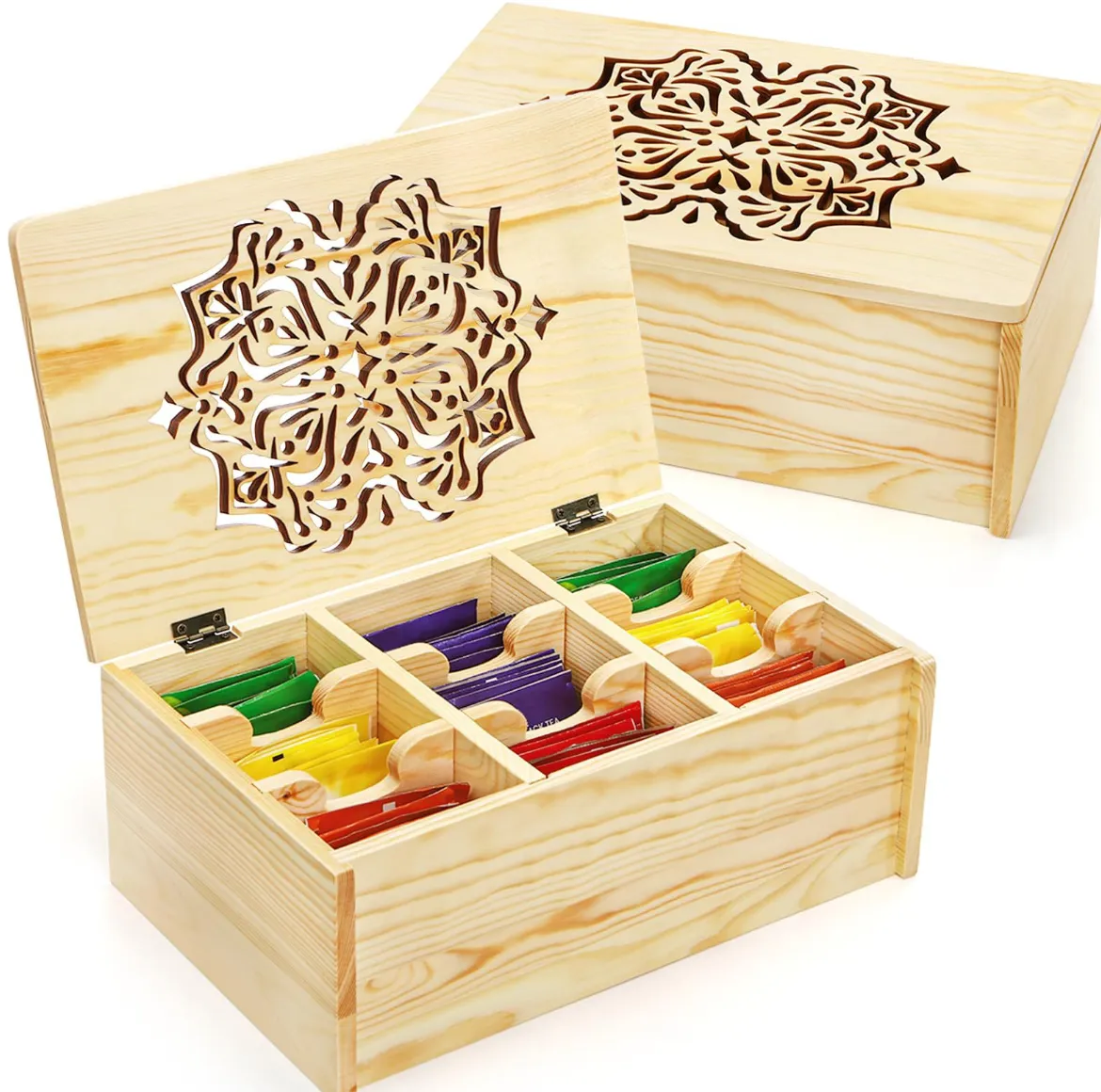 Pine Tea Box with Laser-Cut Mandala Lid