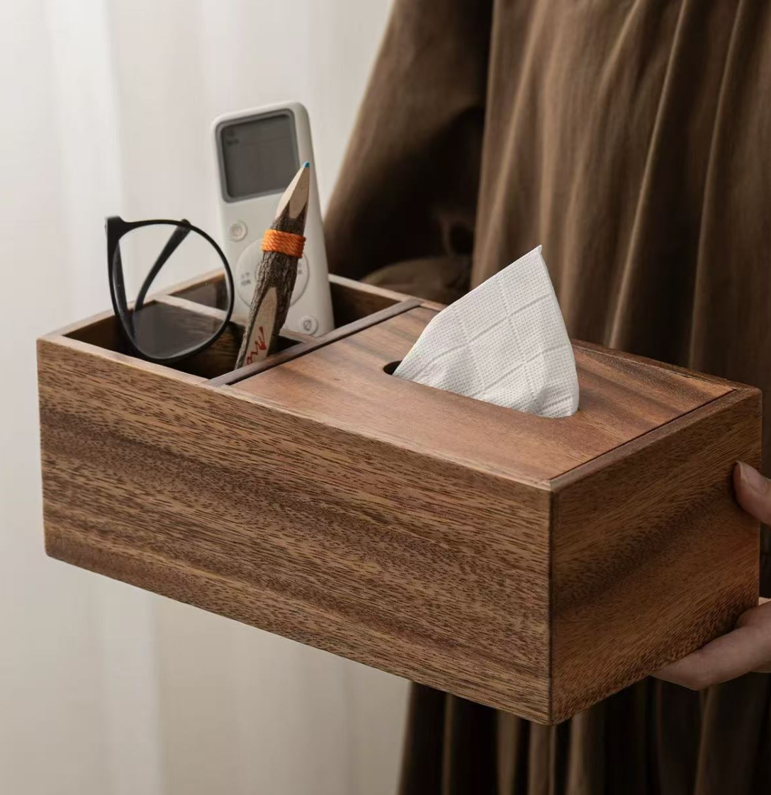 Walnut Tissue Box with Desk Organizer
