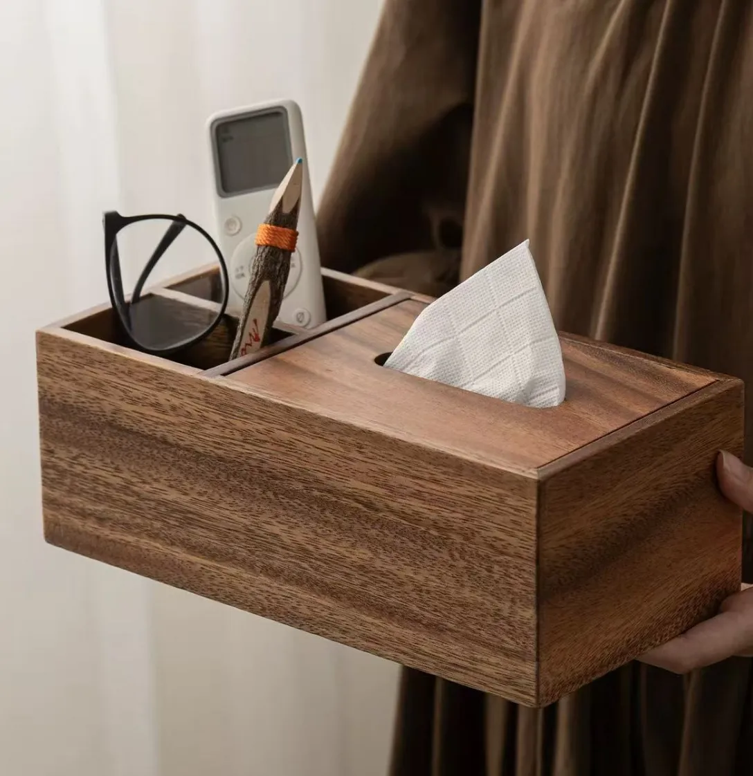 Walnut Tissue Box with Desk Organizer